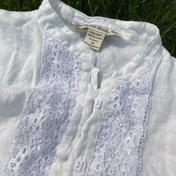 David Brooks Linen Sleeveless Top | Lace Detail, Side Slits, SZ M - Picture 3 of 8